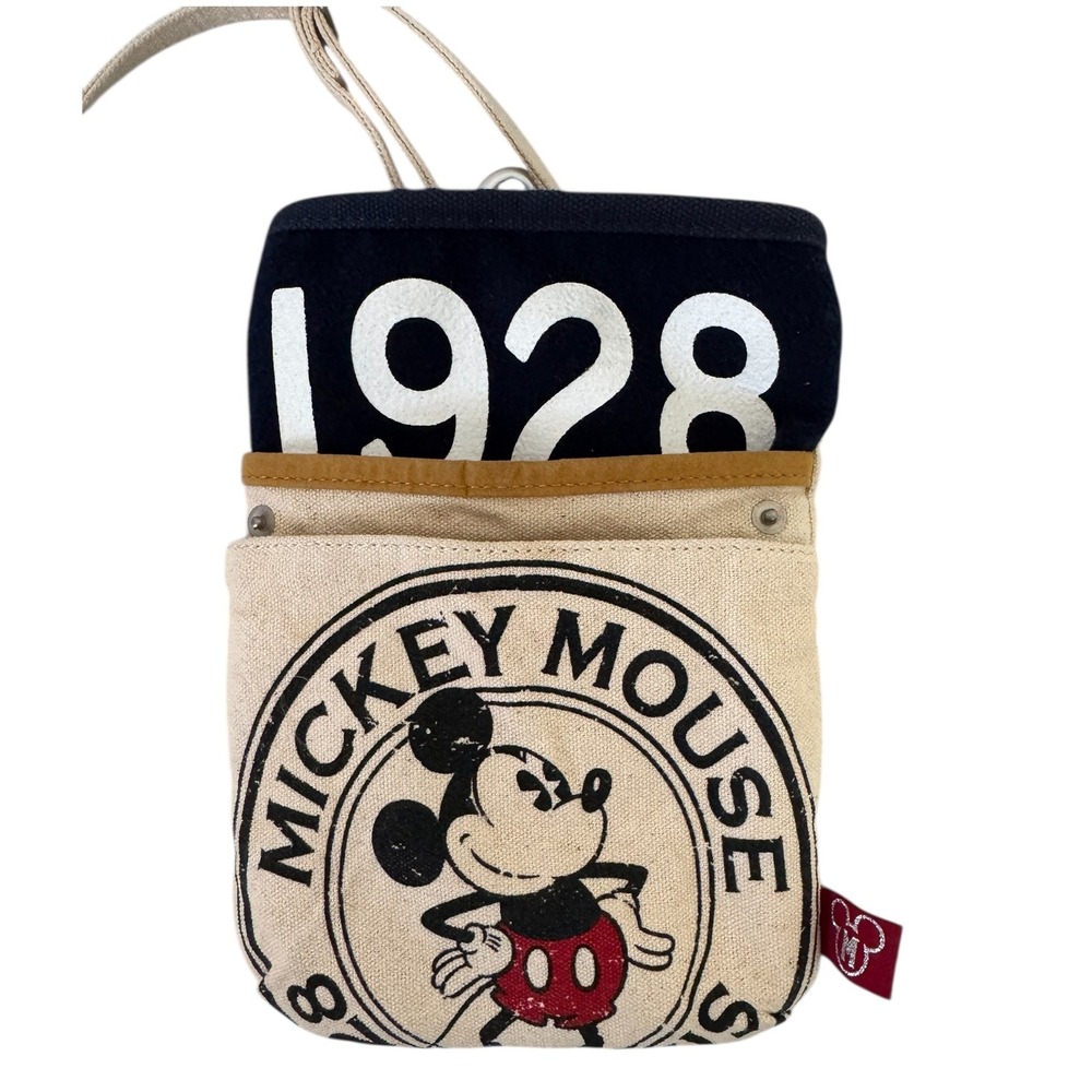 Disney Mickey Mouse 1928 Canvas Crossbody Bag‎ Pouch with Carabiner Cream Navy